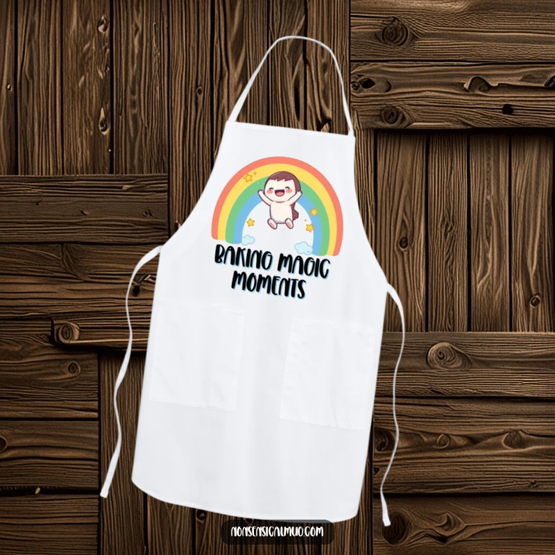 Funny apron: a laughing character slides down a vibrant rainbow while cooking, adding fun to the kitchen.