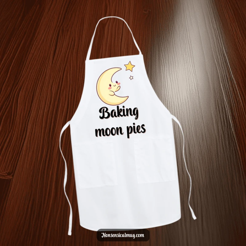 Funny apron featuring a whimsical crescent moon character playfully chasing a twinkling star, ready for cosmic culinary adventures.