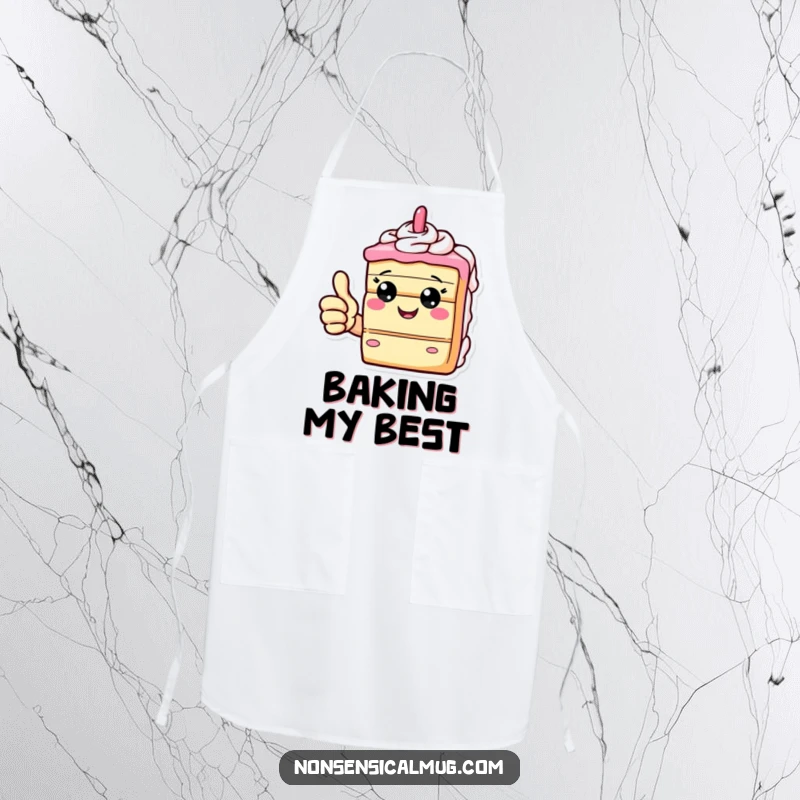 Funny apron depicting a giddy slice of cake giving a thumbs up, perfect for adding sweet approval to baking.