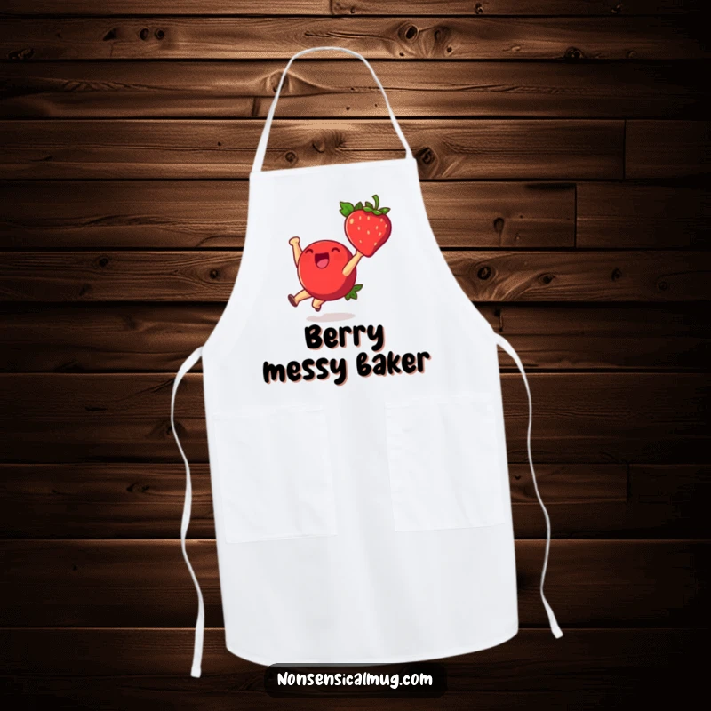 Funny apron featuring a cheerful strawberry character performing a lively cartwheel, making cooking a joyful and amusing experience.