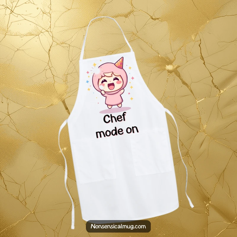 Funny kitchen apron showing a happy character enthusiastically firing a party popper, perfect for adding cheer to cooking tasks.