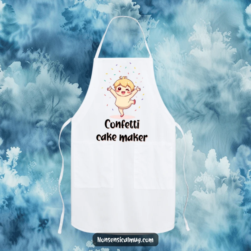 Funny apron: a cute kawaii character does a cartwheel while throwing confetti, perfect for kitchen parties.