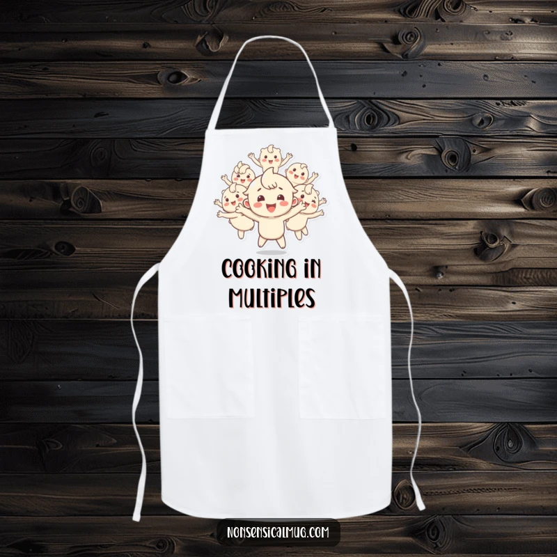 Funny apron with a happy character multiplying into bouncing copies, perfect for protecting clothes with energetic fun in the kitchen, a delightful item.