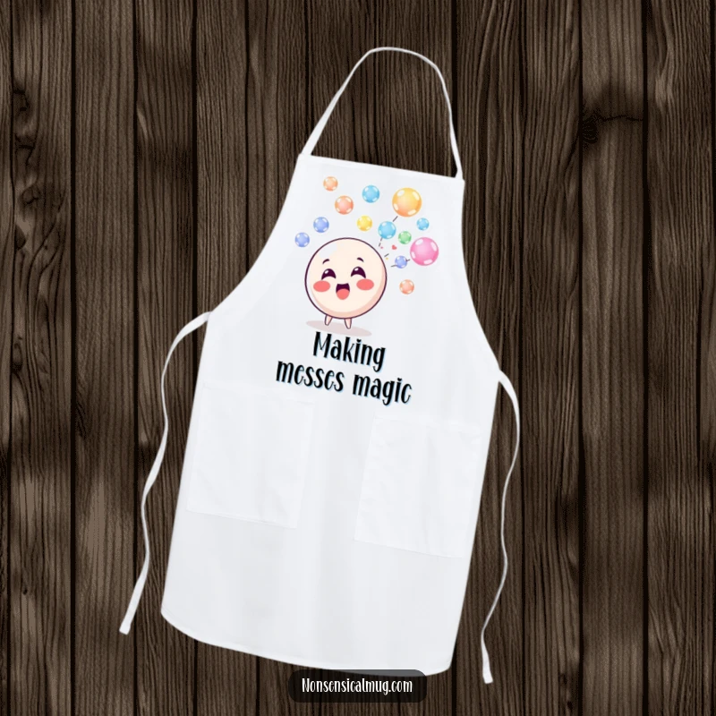 Funny Apron: A delighted circle character in the kitchen blowing a stream of colorful, floating bubbles, making cooking fun.