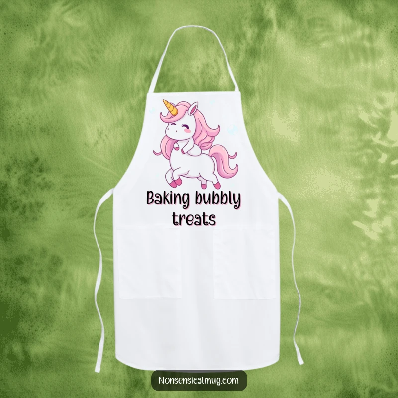 Funny apron with a giggling character riding a unicorn made of bubbles, perfect for protecting clothes with whimsical magic in the kitchen, a delightful item.