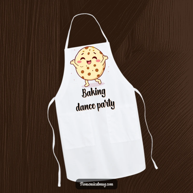 Funny delighted cookie character doing a happy dance with sprinkles on a practical kitchen apron, offering humorous baking fun.