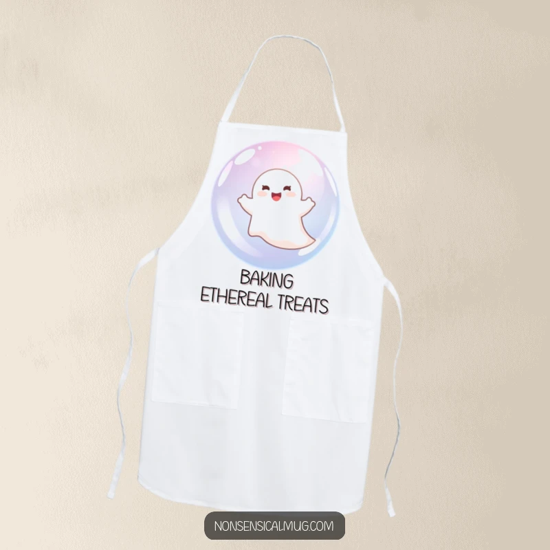 Funny ghost happily floating in a bubble, printed on an apron, ready for kitchen duties with a smile.