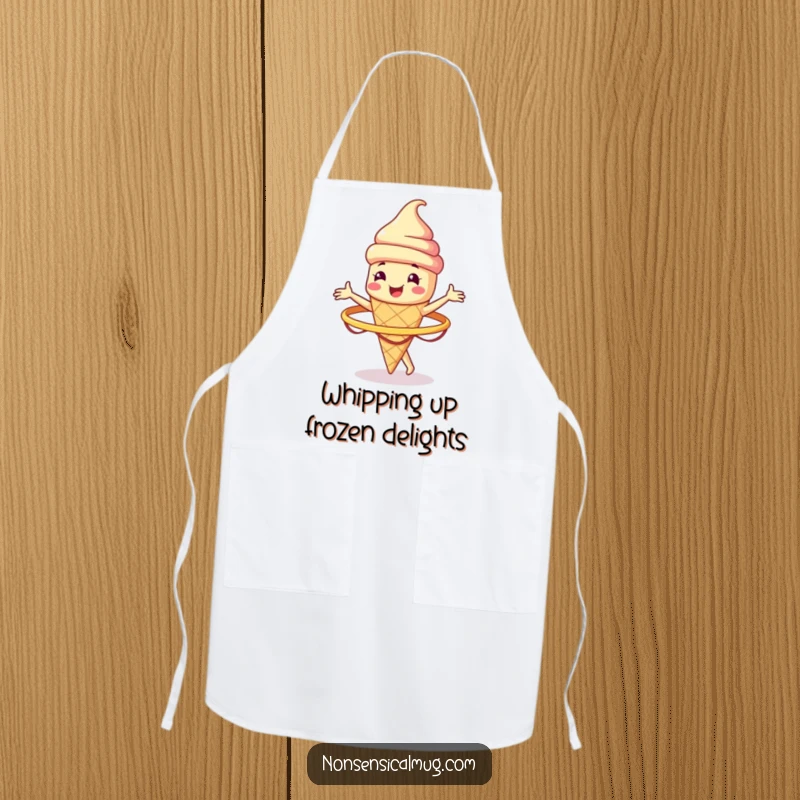 Funny smiling ice cream cone character spinning a hula hoop on a practical kitchen apron, offering humorous cool vibes.