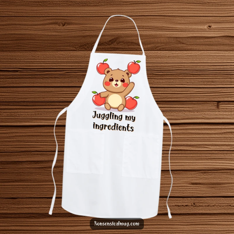Funny apron showcasing a round, cheerful bear character attempting to juggle three shiny apples while cooking, adding humor to the kitchen.