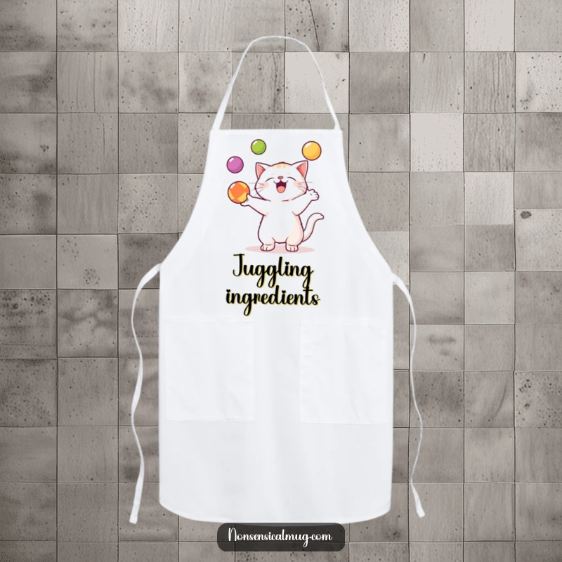 Funny Kawaii Cat Apron: A skilled kawaii cat juggles balls, adding humorous flair to cooking and kitchen tasks.