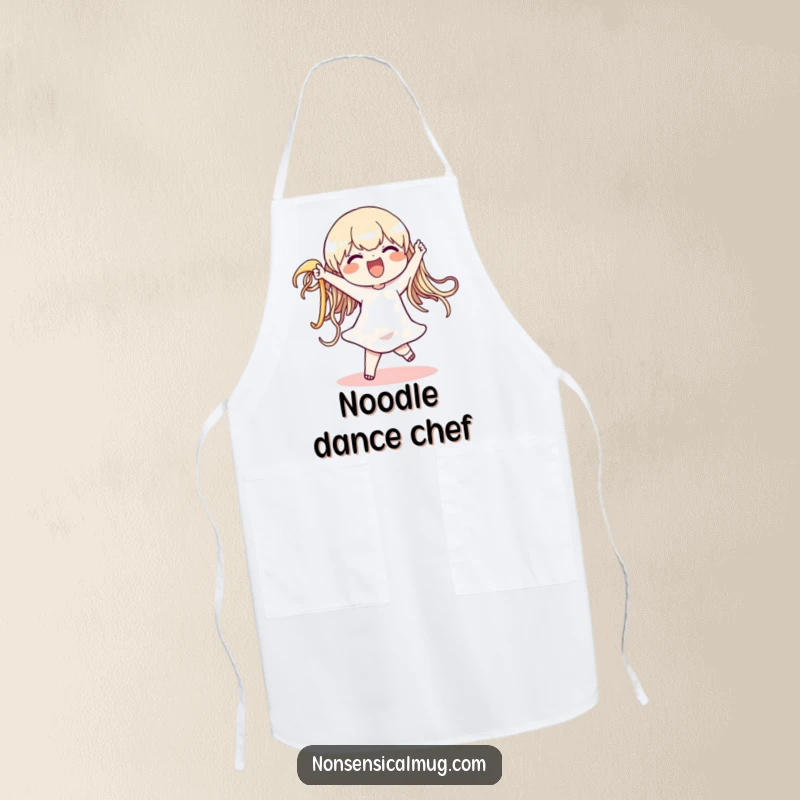 Funny apron featuring a character joyfully dancing with a large, wiggling noodle while cooking, keeping you clean and amused, a great kitchen accessory.