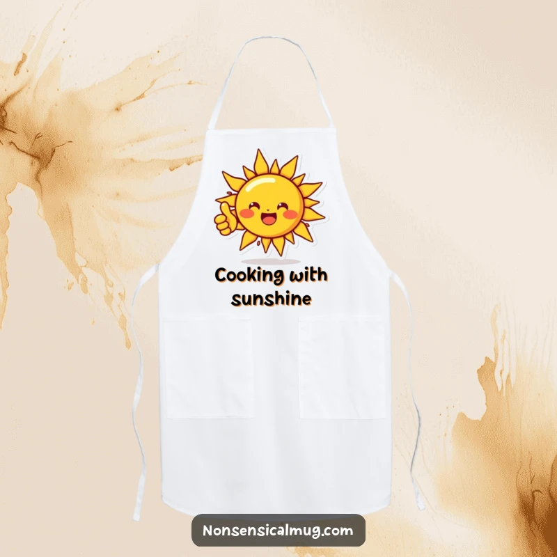 Funny apron featuring a beaming sun character giving a thumbs up, ideal for cooks who enjoy a positive and humorous atmosphere in the kitchen.