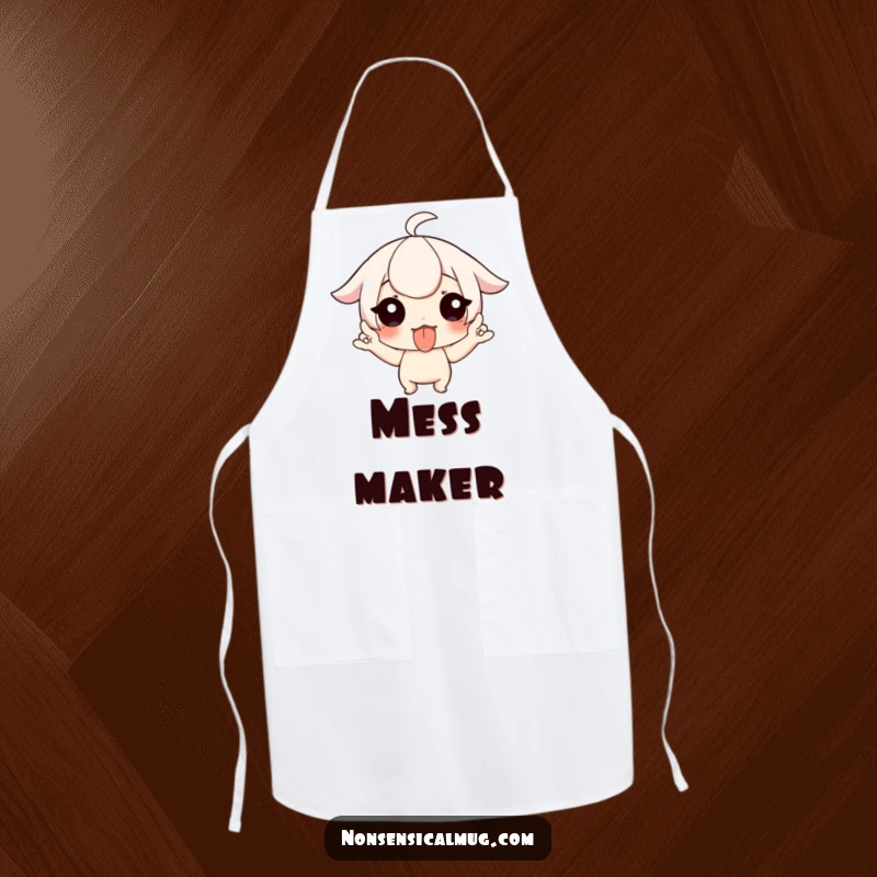 Funny apron featuring a character playfully sticking out their tongue and wiggling fingers, ideal for kitchen fun.