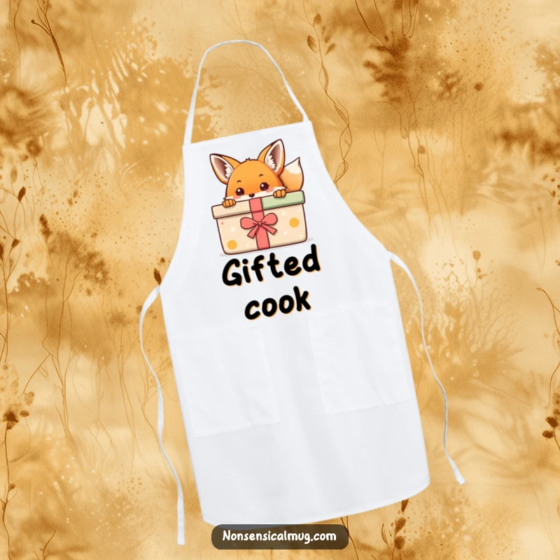 Kawaii Fox Apron: A cute kawaii fox peeking from behind a large gift, protecting clothes with style.