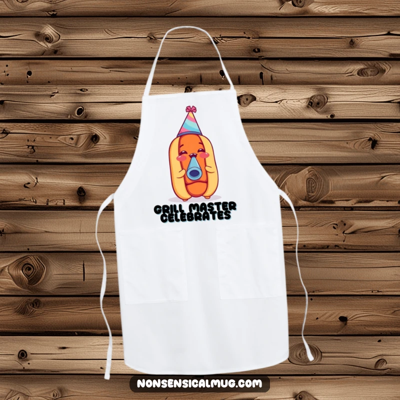 Funny hot dog in a party hat, blowing a noisemaker, printed on a kitchen apron for a humorous festive cooking experience.