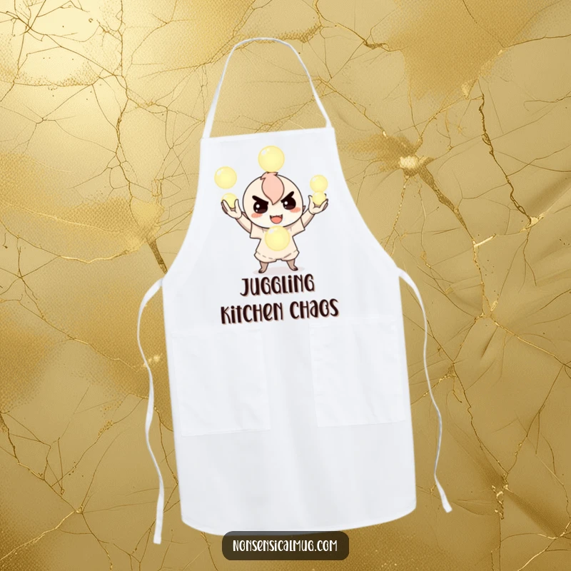 Funny apron with a mischievous character juggling glowing orbs, perfect for protecting your clothes with playful magic during cooking, a fun kitchen item.