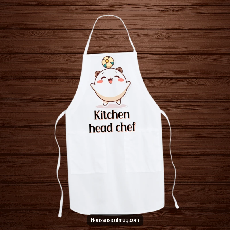 Funny apron: a smiling character joyfully bounces a ball with its head while cooking.