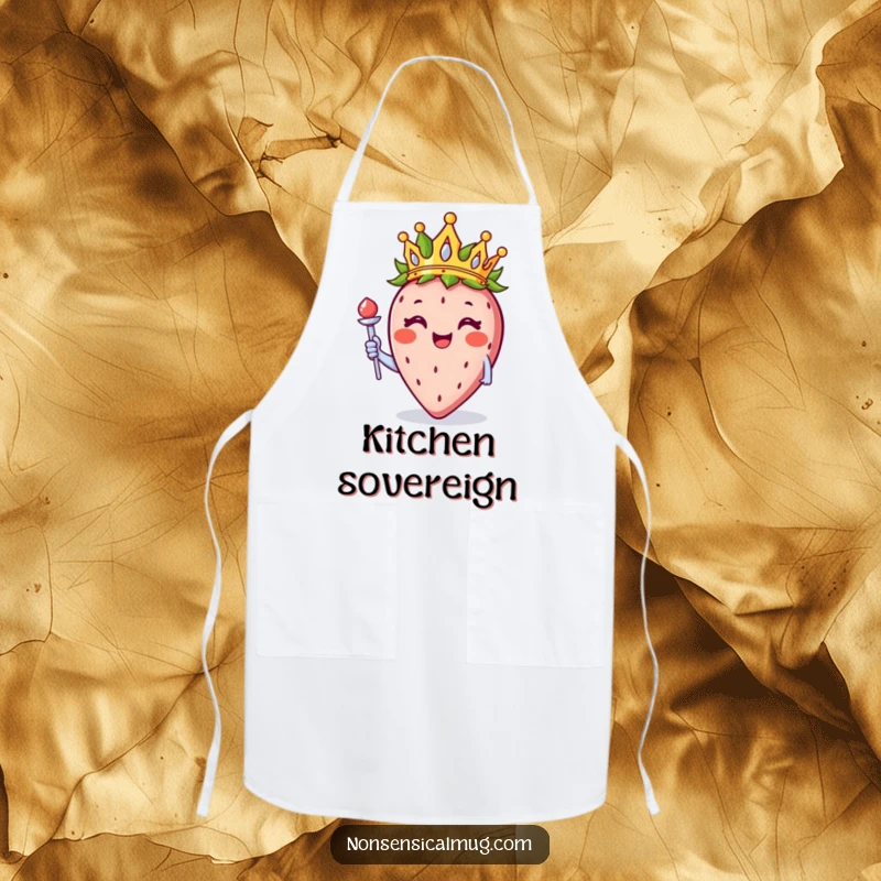 Funny strawberry wearing a crown and holding a tiny scepter, printed on a kitchen apron for a humorous regal cooking experience.