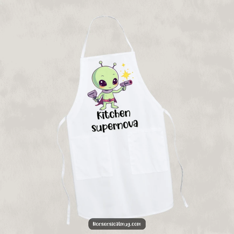 Funny Kawaii Alien Sparkle Ray Gun Apron: A cute alien aims a ray gun shooting sparkles, perfect for adding fun to cooking.