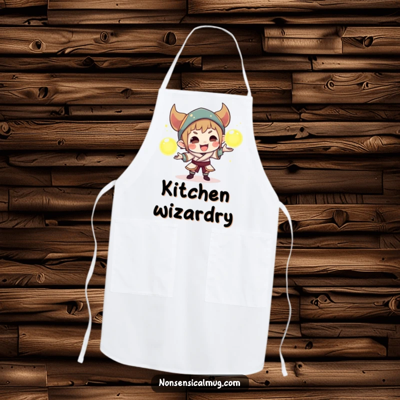 Funny apron depicting a sly character juggling three glowing orbs, perfect for adding a playful and magical flair to cooking.