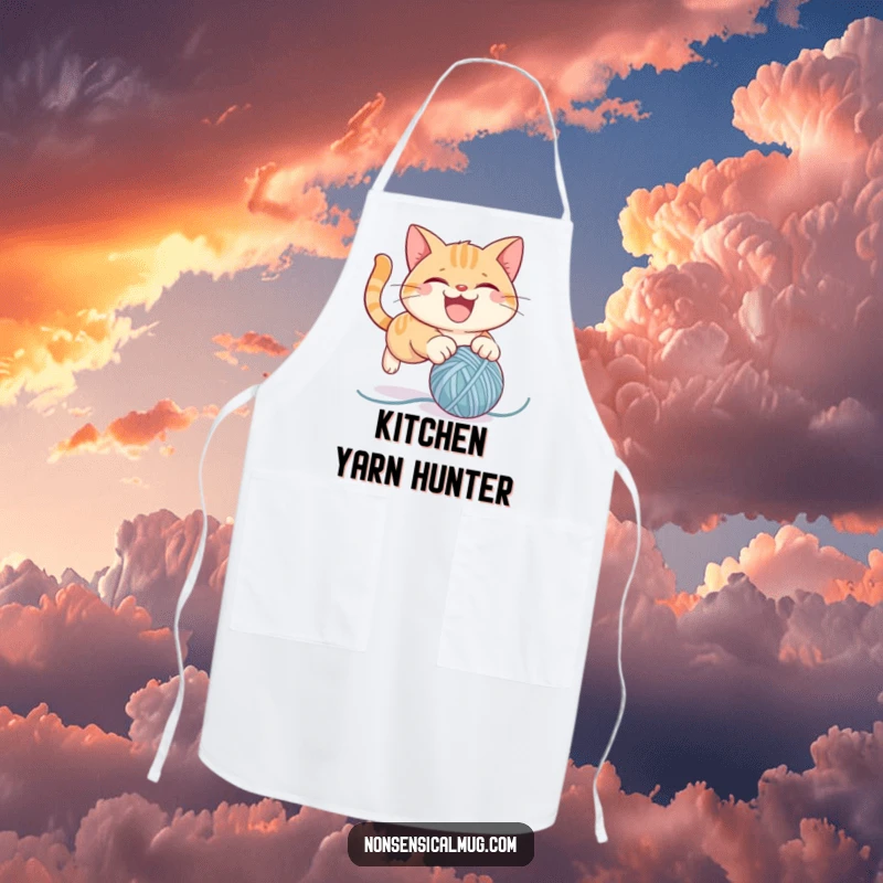 Funny apron illustrating a mischievous cat character pouncing on a ball of yarn, ideal for adding humor to kitchen tasks.