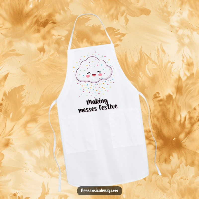Funny apron depicting a cheerful cloud raining a vibrant, colorful confetti shower, perfect for a joyous cooking experience.
