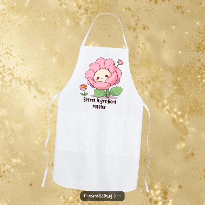 Funny curious blob character peeking from behind a large flower on an apron, ready for kitchen fun.