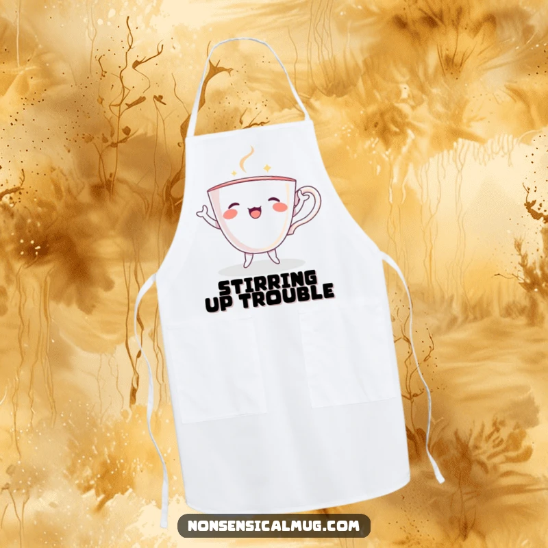 Funny teacup with tiny arms and legs, joyfully dancing on an apron, ready for kitchen fun.