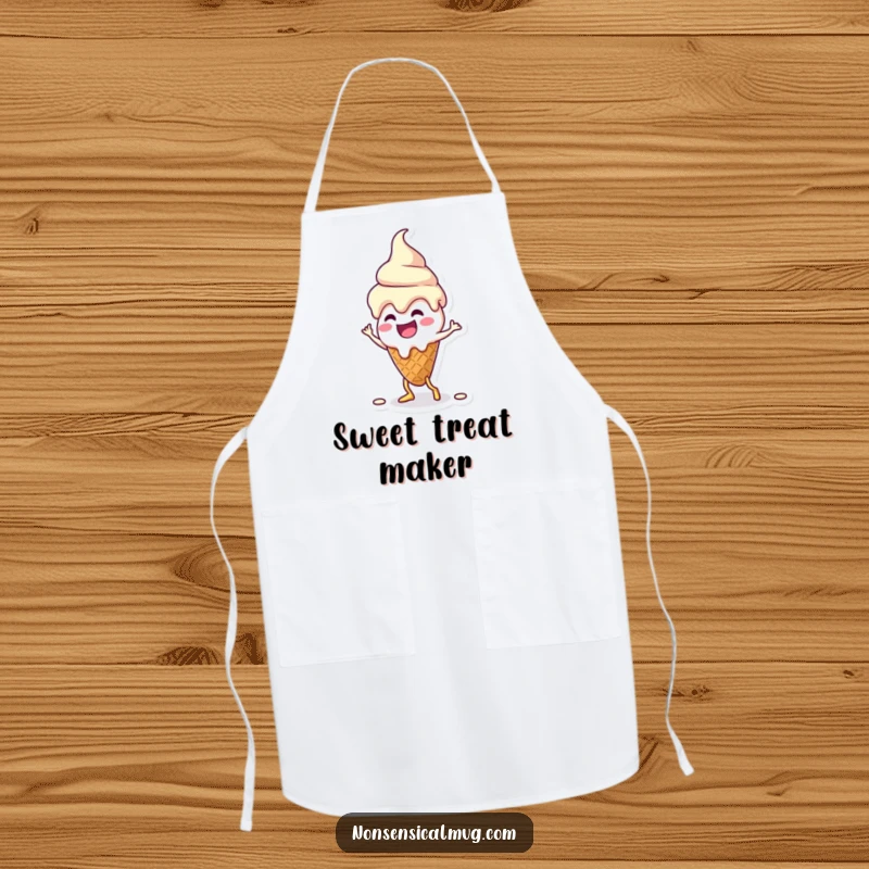 Funny kawaii melting ice cream cone character doing a silly dance on a functional apron, bringing dessert fun to cooking.
