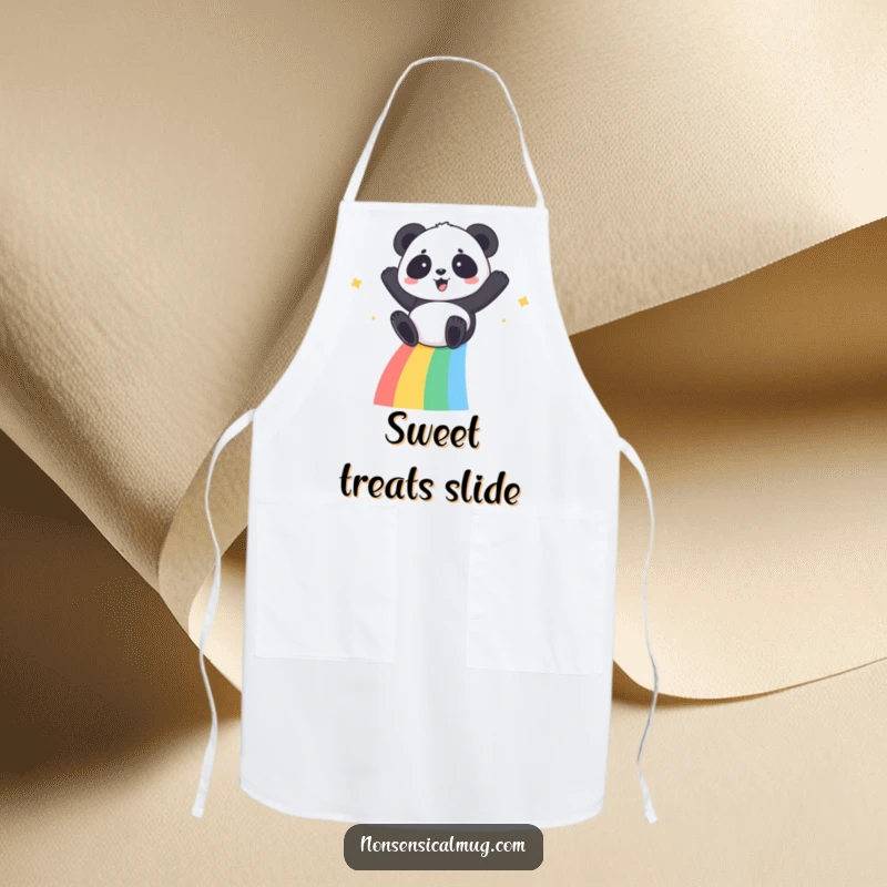 Kawaii Panda Apron: A cute kawaii panda gleefully sliding down a rainbow, protecting clothes with style.