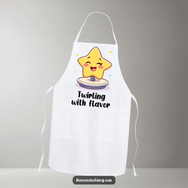 Funny Apron: Cheerful star character winking and spinning with enthusiasm, perfect for a humorous kitchen experience.