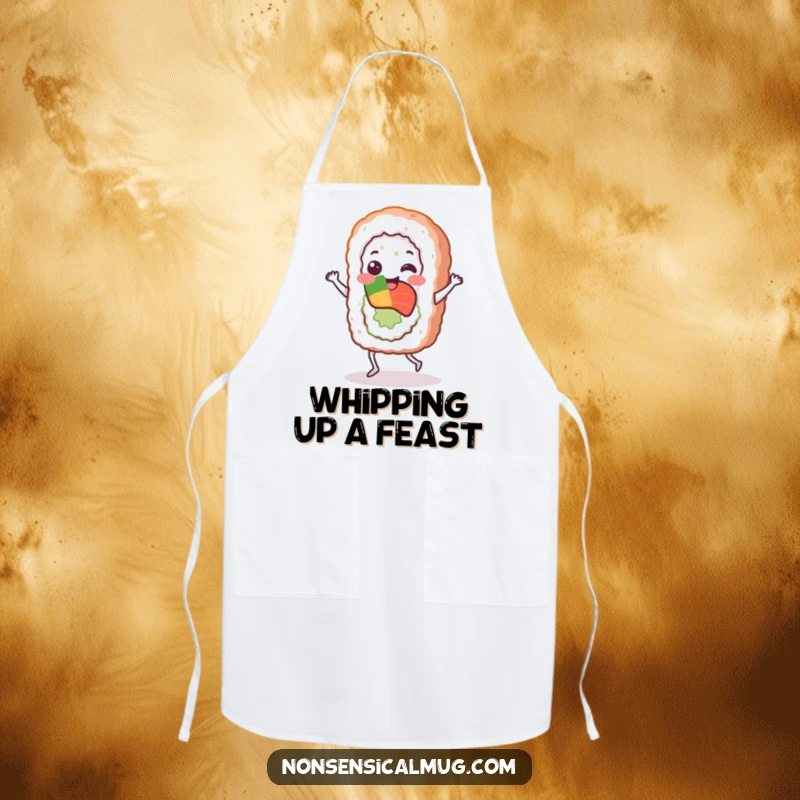 Funny sushi roll character performing a cheerful jig on a kitchen apron, making cooking more fun and less messy.