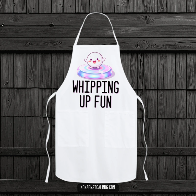 Funny Apron: A playful, spherical character gleefully spinning on a vibrant, iridescent platform, great for kitchen fun.