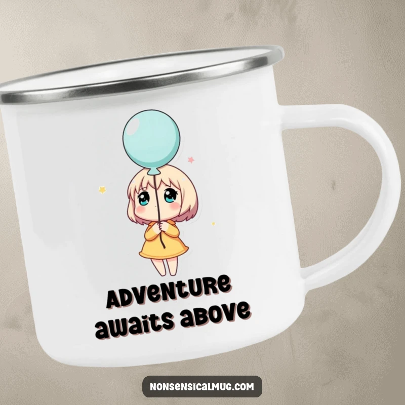 Funny camping mug depicting a character holding a balloon and looking up dreamily, perfect for outdoor dreamers and adventurers.