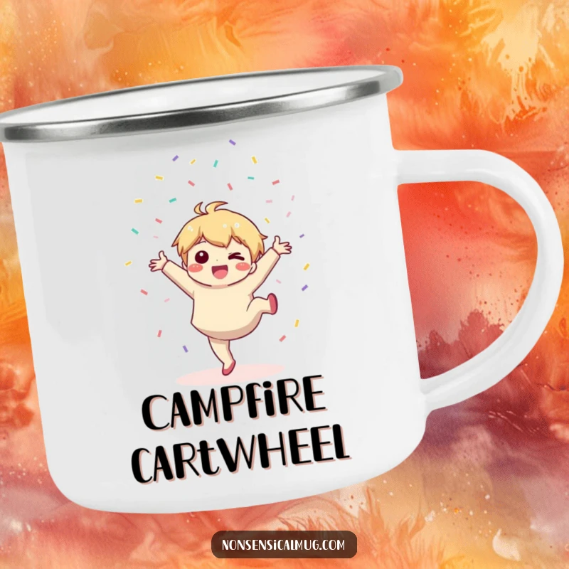 Funny camping mug: a cute kawaii character joyfully does a cartwheel and throws confetti, perfect for outdoors.