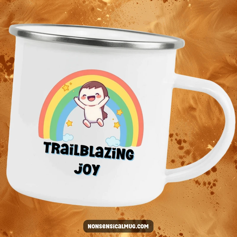 Funny camping mug: a laughing character slides down a rainbow, perfect for enjoying drinks outdoors.