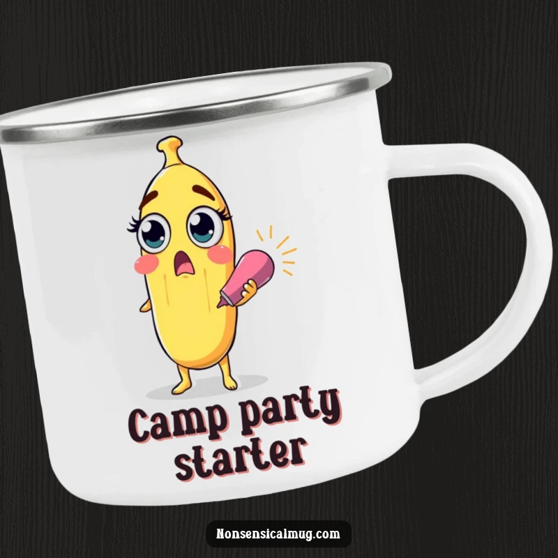 Funny surprised banana character with wide eyes holding a party popper on an enamel camping mug, a humorous outdoor companion.