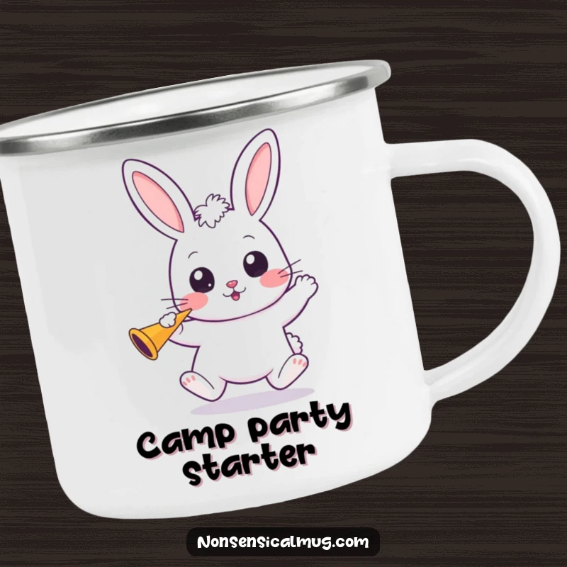 Funny Kawaii Bunny Camping Mug: A wide-eyed kawaii bunny holds a party horn, perfect for festive drinks outdoors.