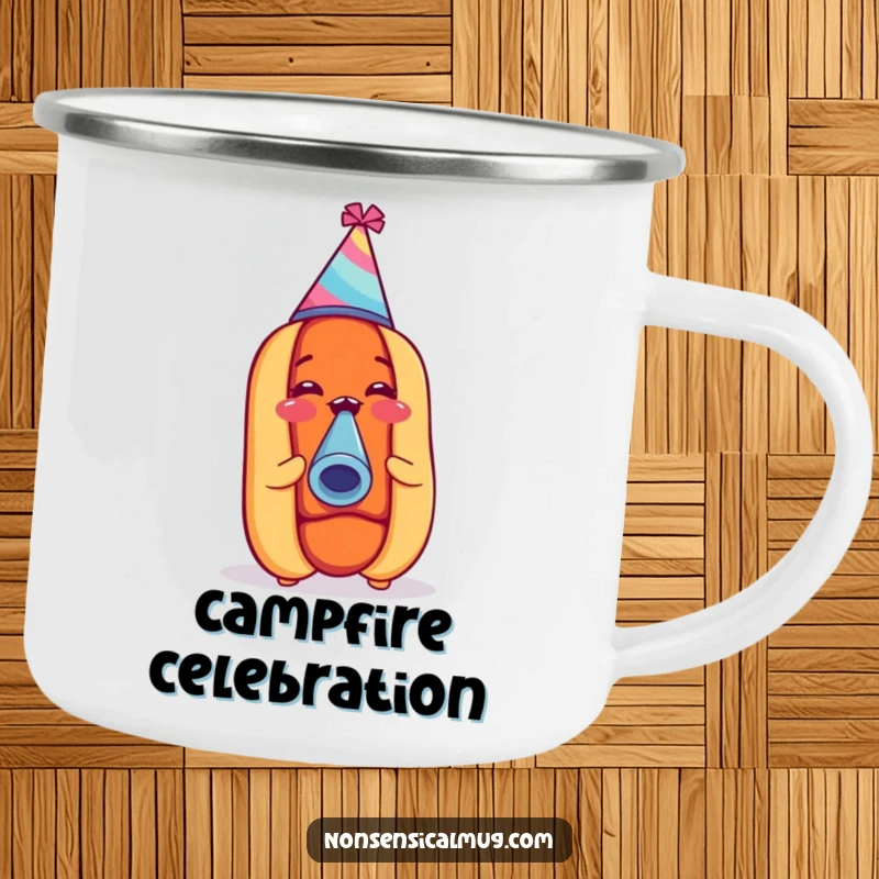 Funny hot dog wearing a party hat and blowing a noisemaker, designed for a humorous and durable camping mug.