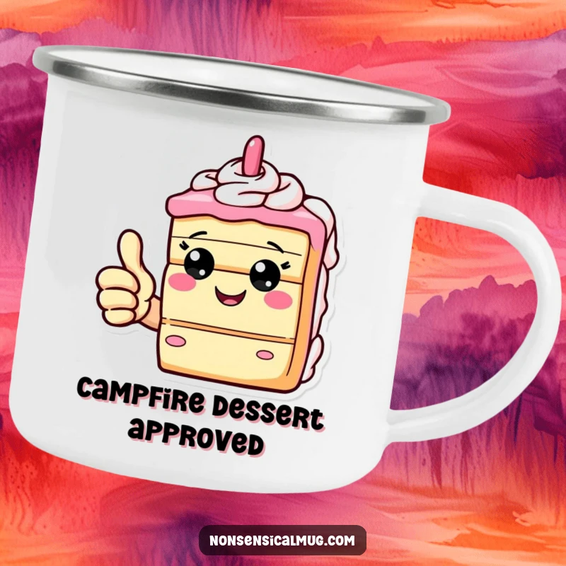 Funny camping mug with a giddy slice of cake giving a thumbs up, perfect for enjoying sweet moments outdoors.