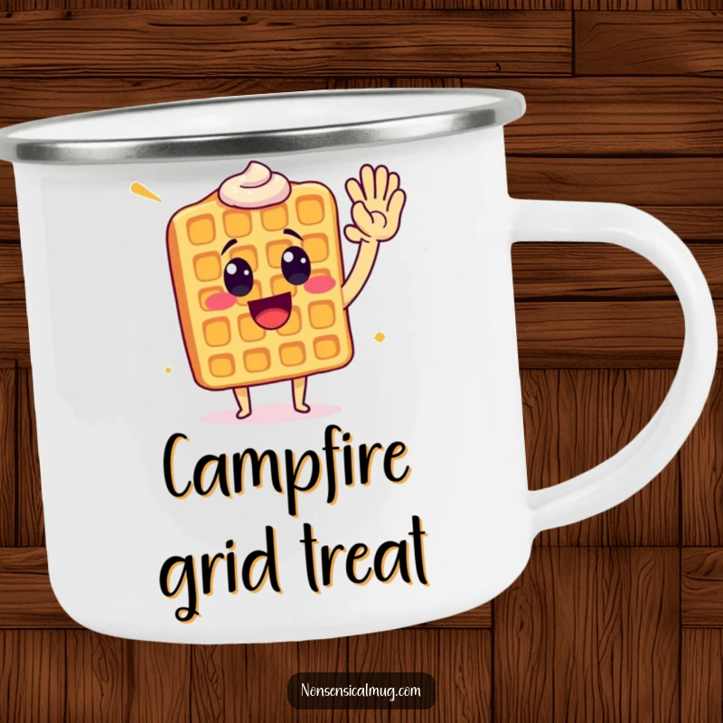 Funny waffle giving a high five, a humorous camping mug for cheerful outdoor sips.