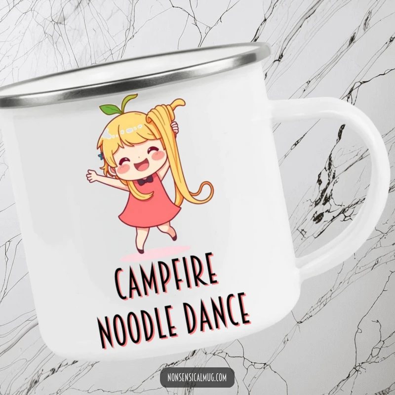 Funny camping mug with a happy character dancing with a huge, wiggly noodle. Durable and humorous for outdoor meals.