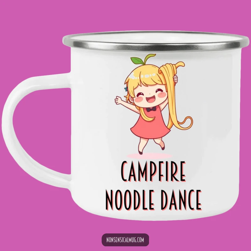 Funny Noodle Dance Camping Mug: Delighted Character, Campfire Feast