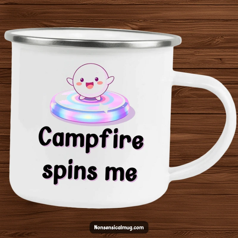 Funny Camping Mug: A playful, spherical character gleefully spinning on a vibrant, iridescent platform, great for adventures.