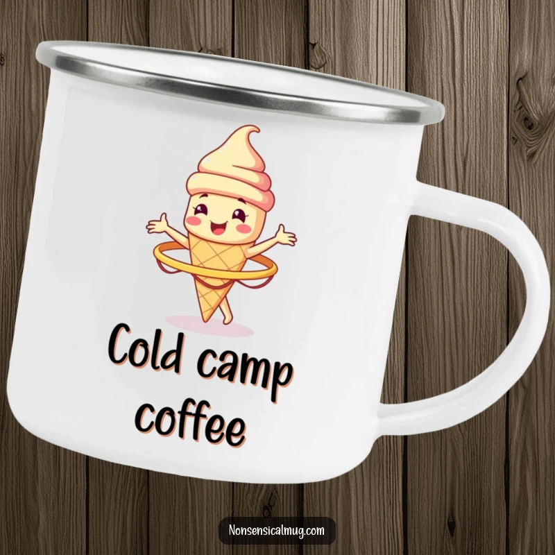 Funny smiling ice cream cone character spinning a hula hoop on an enamel camping mug, a humorous outdoor companion.