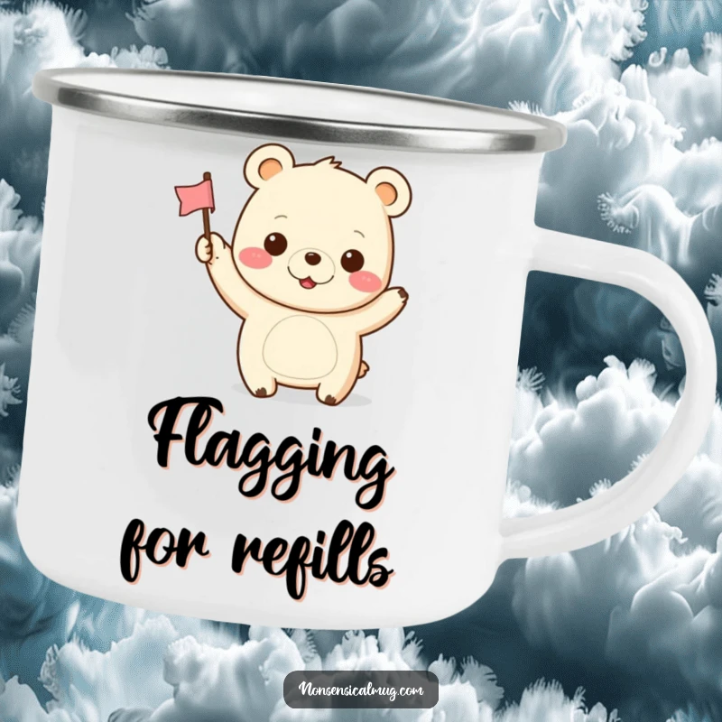 Funny Kawaii Bear Camping Mug: A cheerful kawaii bear waves a flag, perfect for hot beverages on outdoor adventures.