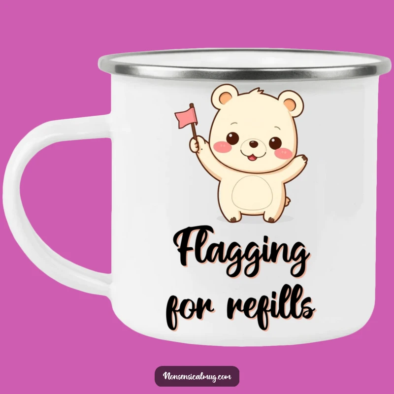 Funny Kawaii Bear Camping Mug: Cheerful Adventures with a Tiny Flag and Happy Grin
