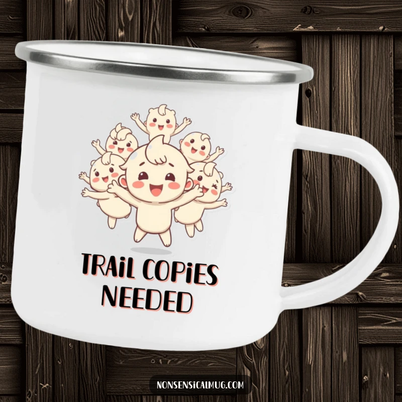 Funny camping mug with a happy character creating multiple bouncing copies, perfect for outdoor adventures and enjoying beverages with multiplied fun.