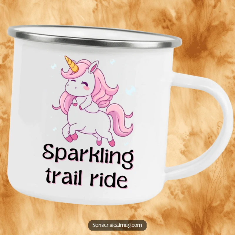 Funny camping mug with a giggling character riding a unicorn made of bubbles, perfect for outdoor adventures and enjoying beverages with a touch of magic.