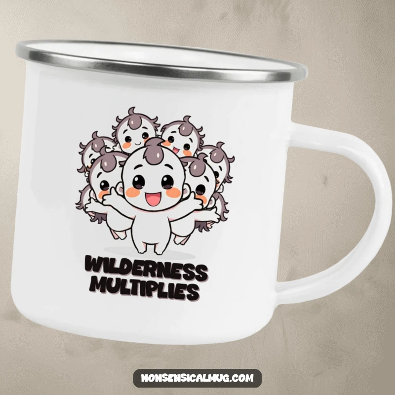 Funny camping mug with a happy character creating multiple bouncing copies, perfect for adventurers who bring extra cheer.